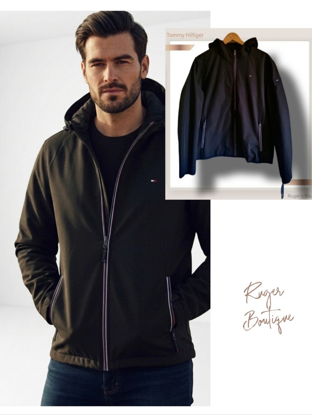 🌿Tommy Hilfiger Soft Shell Fleece Hooded Men's Large Jacket in Black NWT
